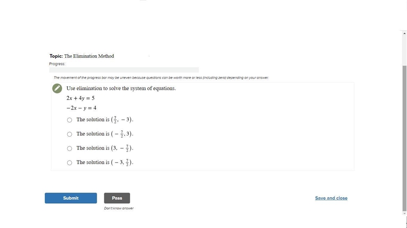 Use elimination to solve the system of equations. 2x+4y=6 -2x-y=4-example-1