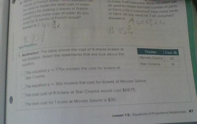 The table shows the cost of 4 movie tickets at two theaters. Theater Cost ($) Movies-example-1