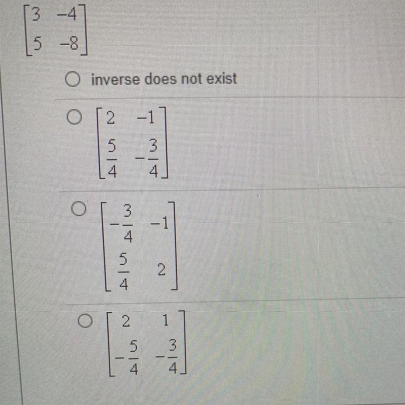 Identify the inverse of the given matrix, if it exists.-example-1