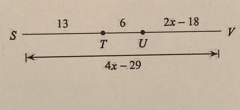 Find the value of x and use it to find the length of UV and SV.-example-1