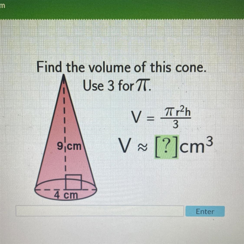 Find the volume of this cone.-example-1