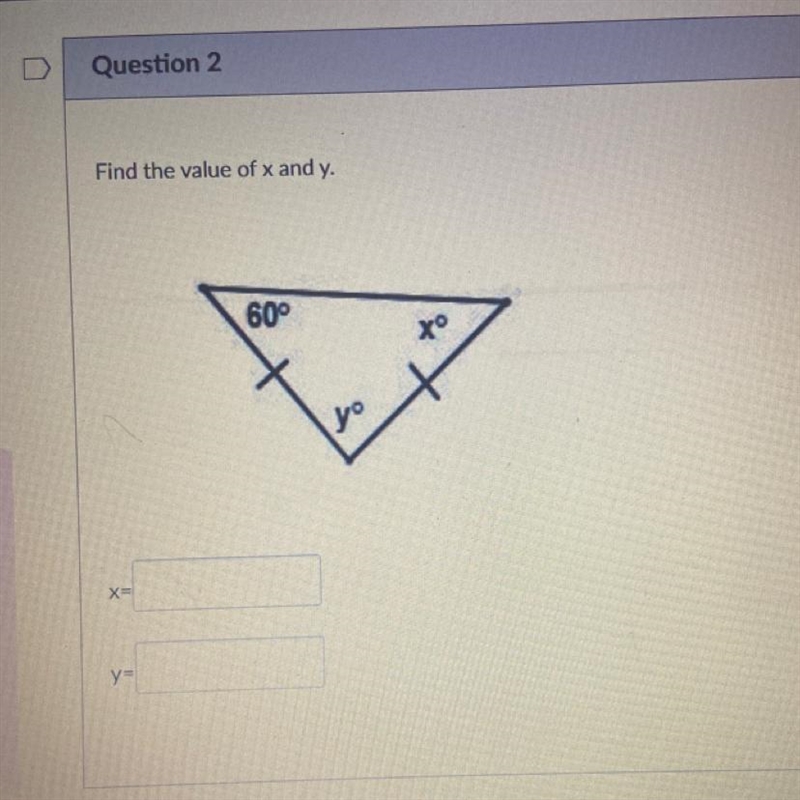 Find the value of x and y. 60° y x x= y=-example-1