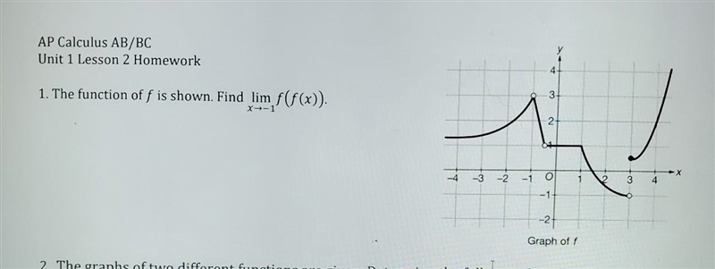 The function of f is shown. Find lim f(f(x)) as x->-1​-example-1