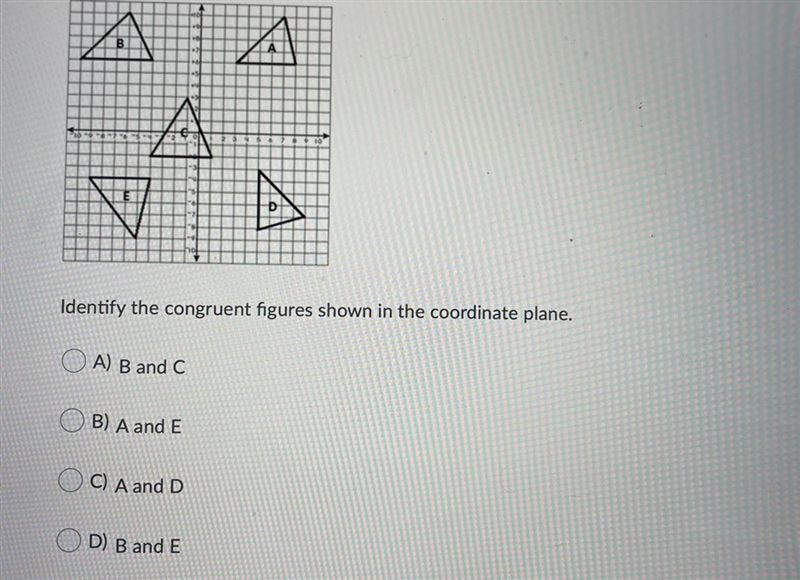 Identify the congruent figures shown in the coordinate plane.Question options:A) B-example-1