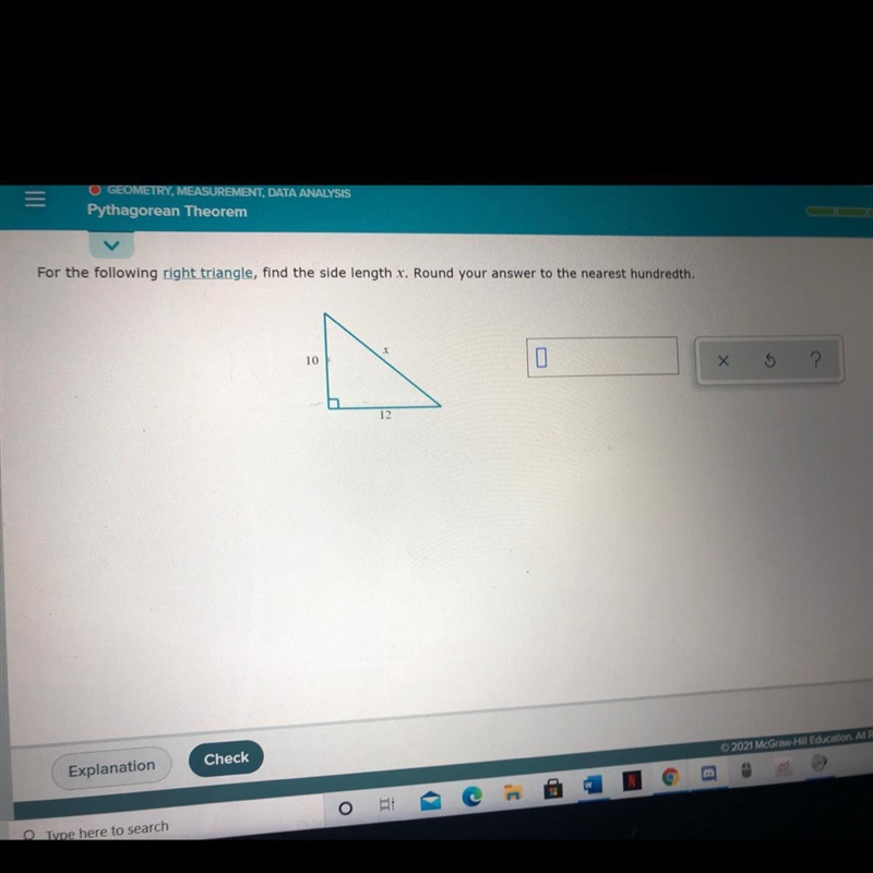 For the following right triangle, find the side length x. Round your answer to the-example-1