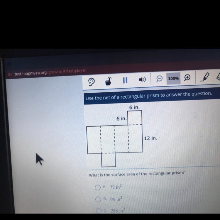 What is the surface area of the rectangular prism?A. 72 in2B. 96 inC. 288 inD. 324 in-example-1