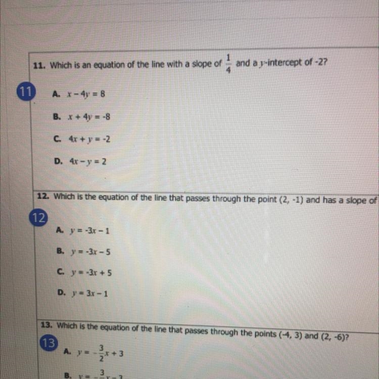 What is the equation of the line slope of 1/4 and a y-intercept of -2 Help me with-example-1