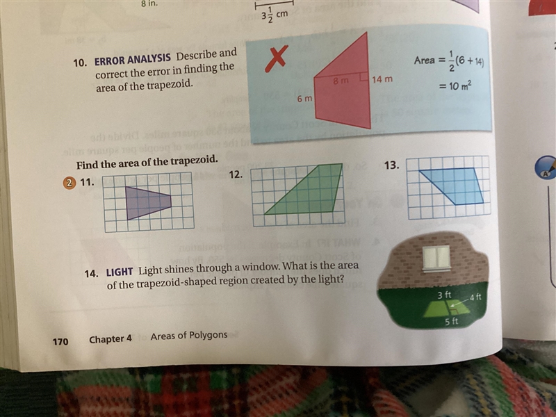 Pls to number 11,12, and 13 find the area of the trapezoid .-example-1