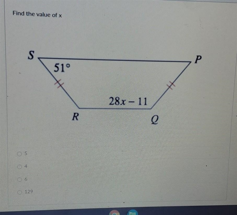 Find the value of x. the answer choices are 5, 4, 6, or 129-example-1