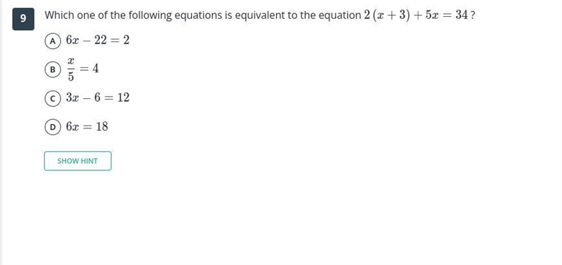 Which one of the following equations is equivalent to the equation ? A 6x−22=26x-22=2-example-1