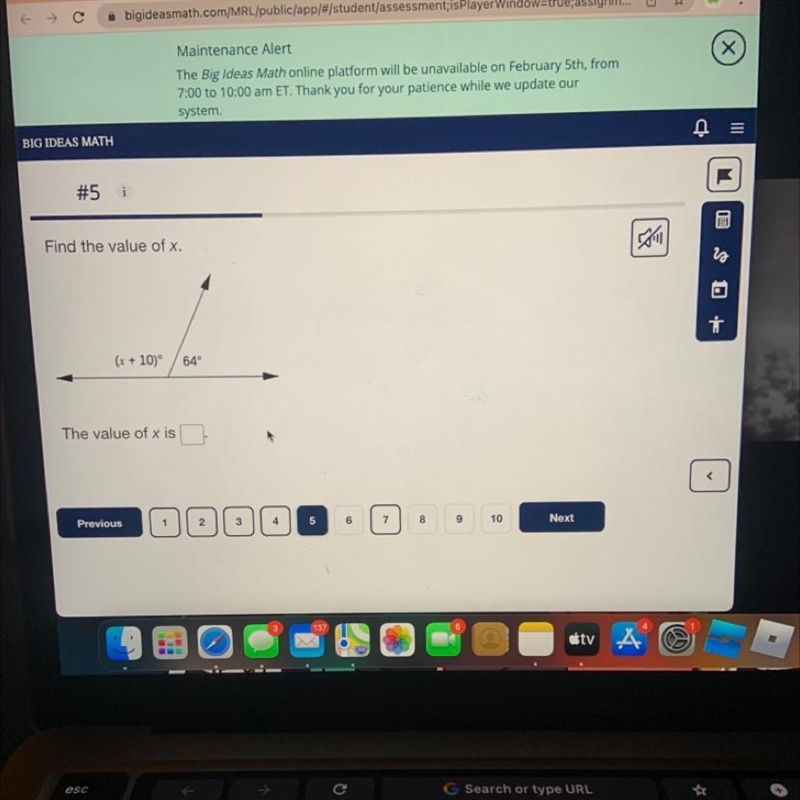 Find the value of x. (x + 10)° 64° The value of x is-example-1