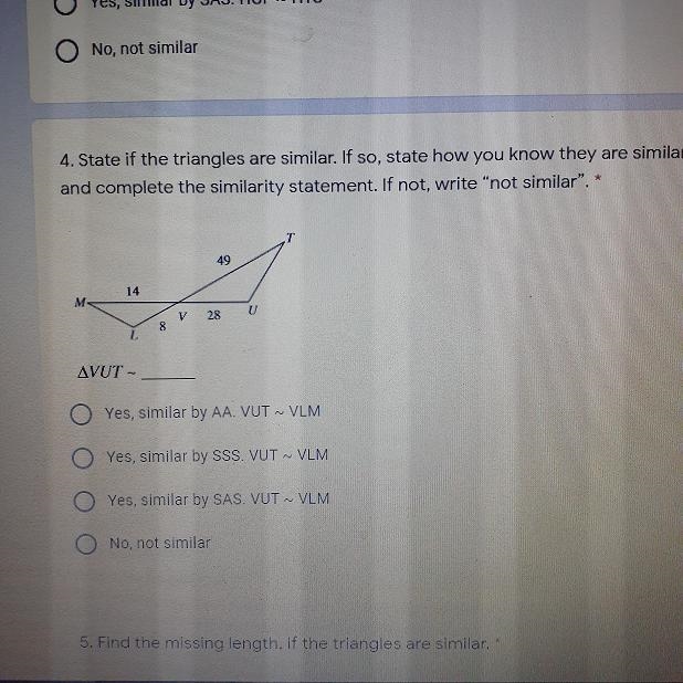 4. State if the triangles are similar. If so, state how you know they are similar-example-1