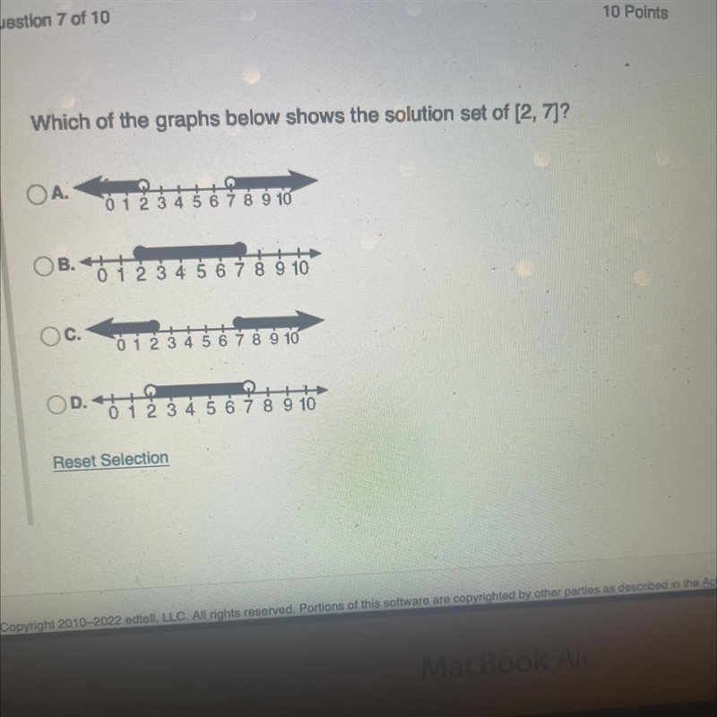 Helppppp !!!! Which of the graphs below shows the solution set of [2,7]-example-1