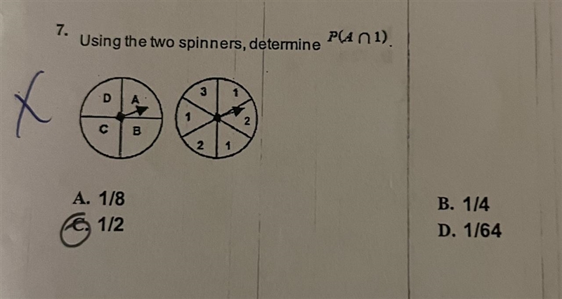 Using the two spinners, determine P(A and 1)-example-1