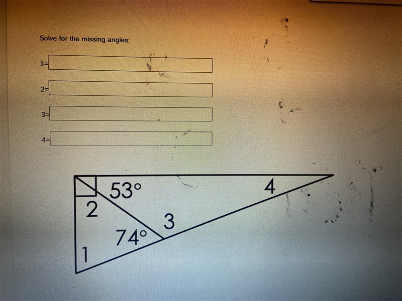 Answer please :( Solve for the missing angles 1: 2: 3: 4:-example-1