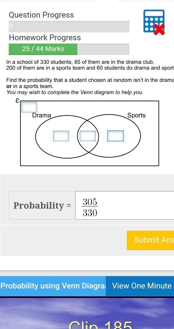 In a school of 330 students, 85 of them are in a drama club, 200 of them are in a-example-1