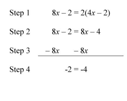 Lulu used these steps to solve the equation 8x−2=2(4x−2). Which choice describes the-example-1