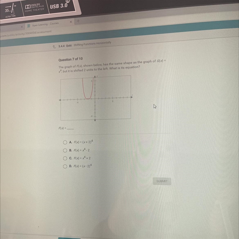 HELPPPP ASAPP !!!! Question 7 of 10 The graph of F(x), shown below, has the same shape-example-1