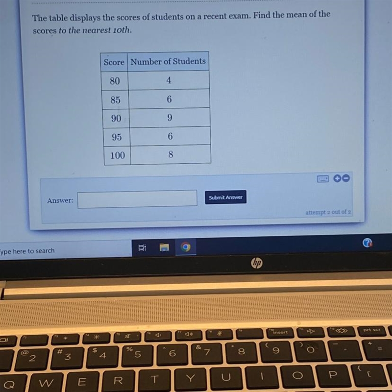 The table displays the scores of students on a recent exam. Find the mean of the scores-example-1