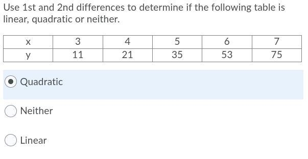 Can someone tell me if these is Linear or Quadratic-example-1