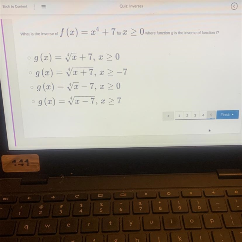 What is the inverse of f(x)=x^4+7 for x>0 where function g is the inverse of function-example-1