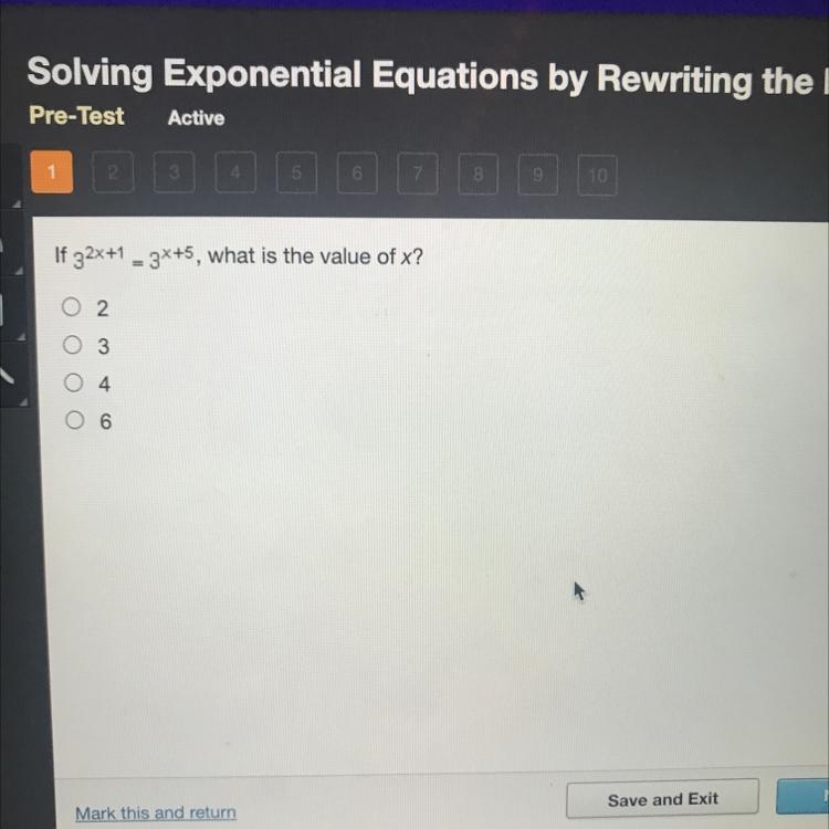 If 3^2x+1 = 3^x+5 what happened the value of x-example-1