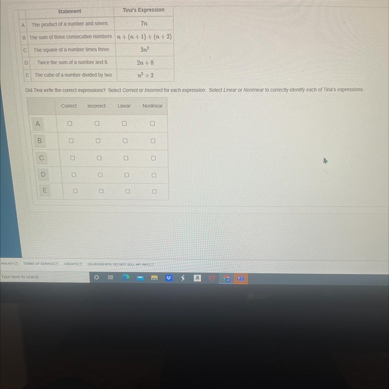 Are the following (correct , incorrect , linear , nonlinear ) 7n, n+(n+1)+(n+2) , 3n-example-1