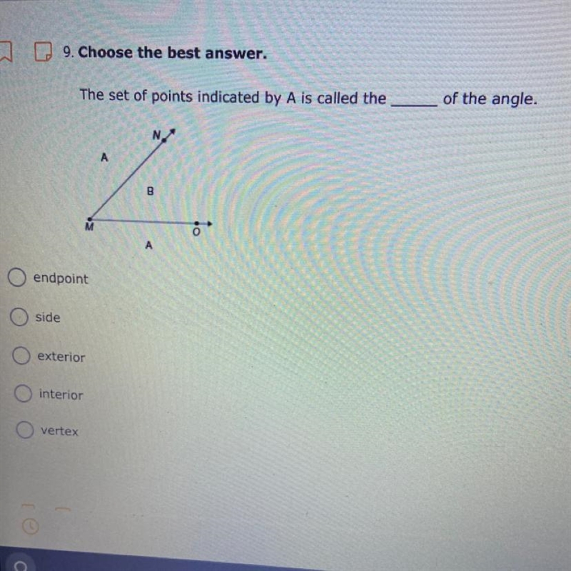 The set of points indicated by A is called the ____ of the angle.-example-1