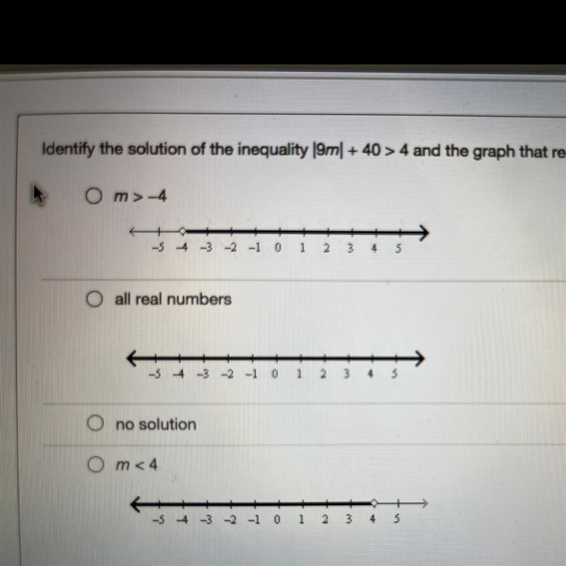 Identify the solution of the inequality |9m| + 40 > 4 and the graph that represents-example-1