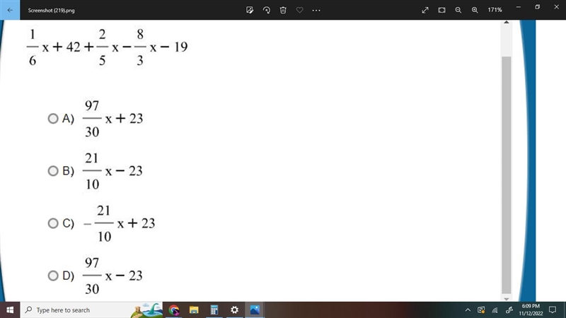 Simplify:1/6x+42+2/5x-8/3x-19-example-1