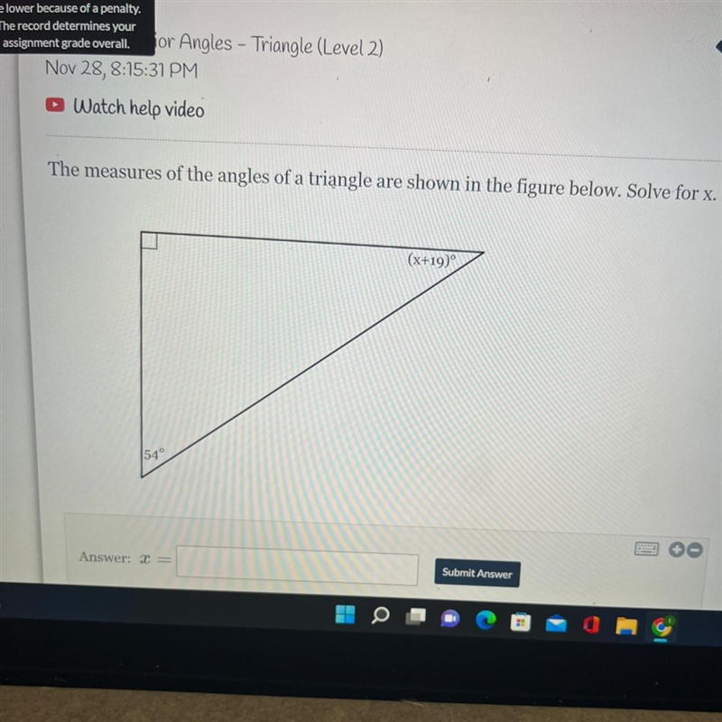 The measures of the angles of a triangle are shown in the figure below. Solve for-example-1