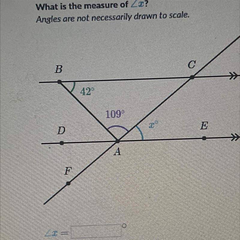 < What is the measure of Zx? Angles are not necessarily drawn to scale. B D F 42° 109⁰ A-example-1