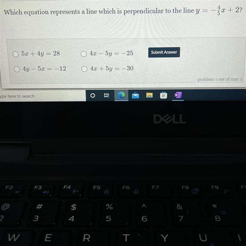 Which equation represents a line which is perpendicular to the line y=-4/5x+2?-example-1