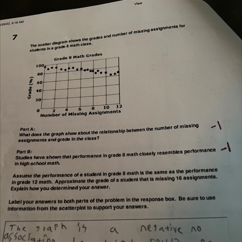 pls help asap The scatter diagram shows the grades and number of missing assignments-example-1