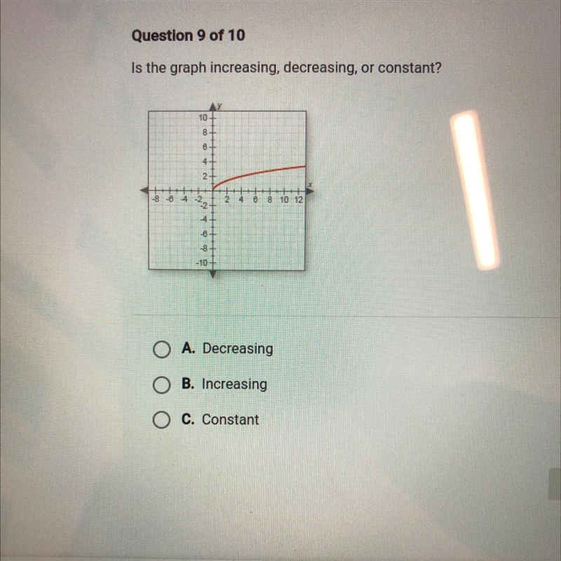 Question 9 of 10 Is the graph increasing, decreasing, or constant? A. Decreasing B-example-1