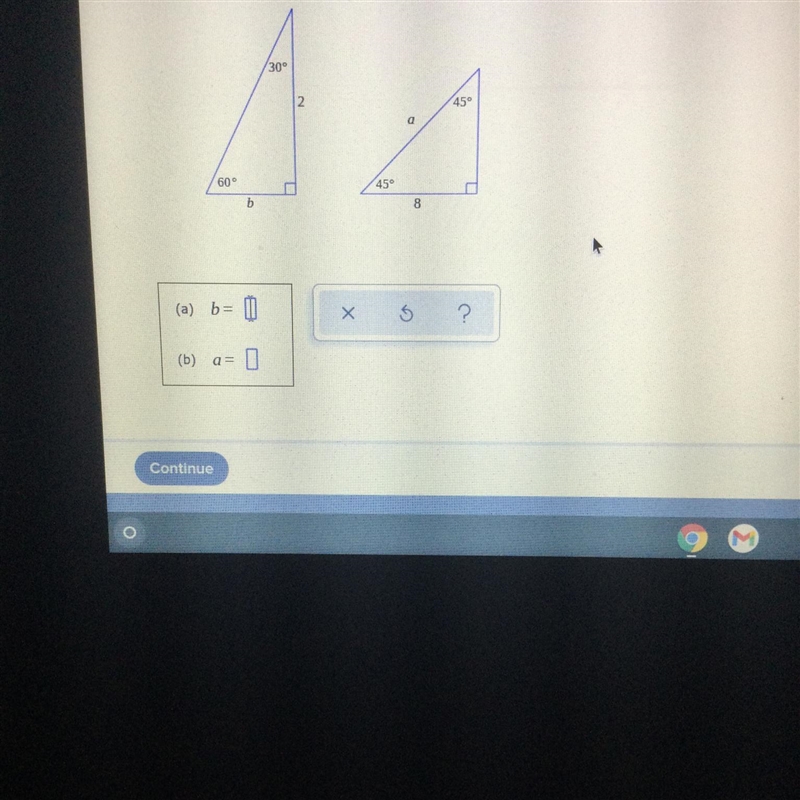 For the right triangle below, find the values of the side lengths b and a. Round your-example-1