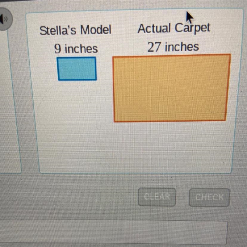 Stella created a model of a rectangular carpet. Her model is 9 inches long. It is-example-1