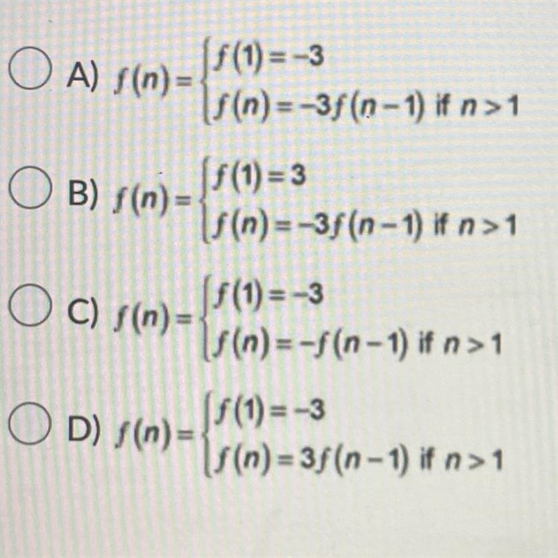 Identify the recursive formula for the sequence -3, 9, -27, 81, ....-example-1