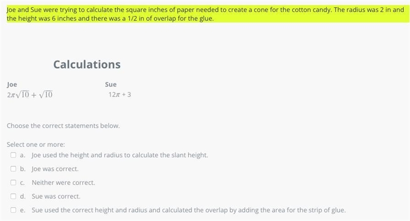 Joe and Sue were trying to calculate the square inches of paper needed to create a-example-1