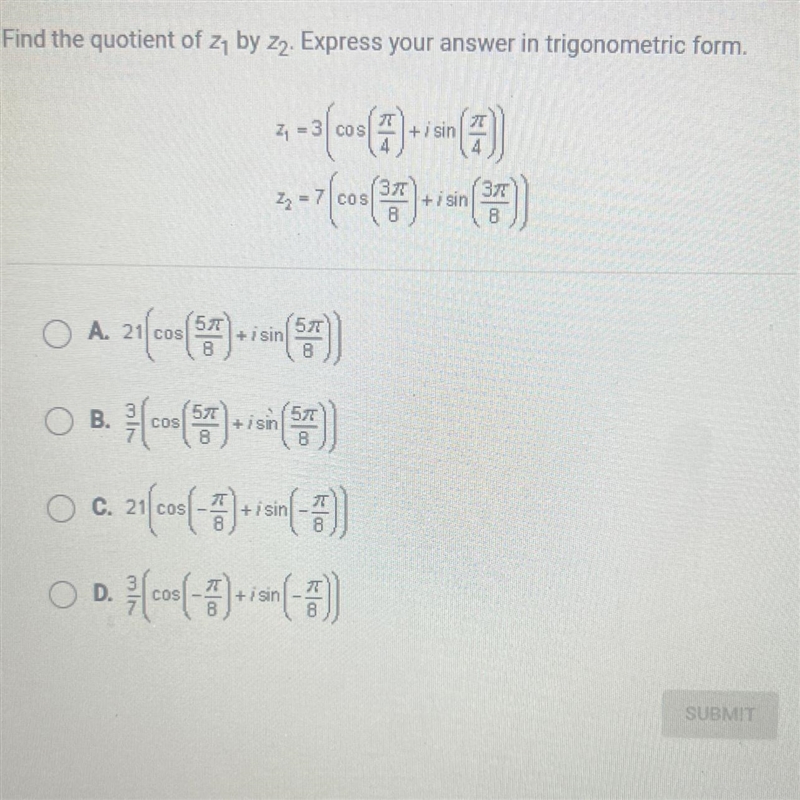 Find the quotient of z1 by 22. Express your answer in trigonometric form HELP ASAP-example-1