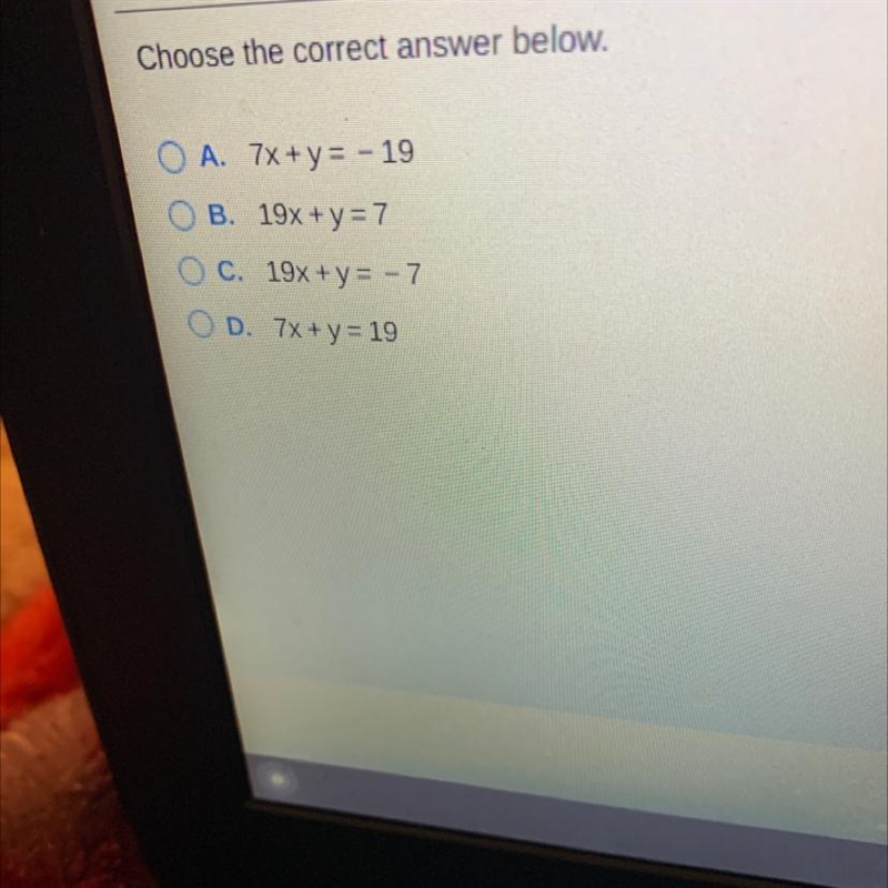 Find an equation of the line with the slope m= -7 that passes through the the point-example-1