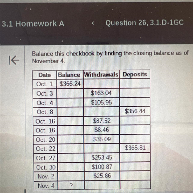 Balance this checkbook by finding out the closing balance as of November 4-example-1