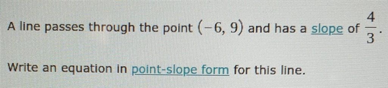 A line passes through the point (-6, 9 and has a slope of 3 Write an equation in point-example-1