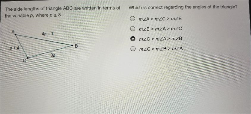 the side lengths of triangle ABC are written in terms of the variable P where p is-example-1
