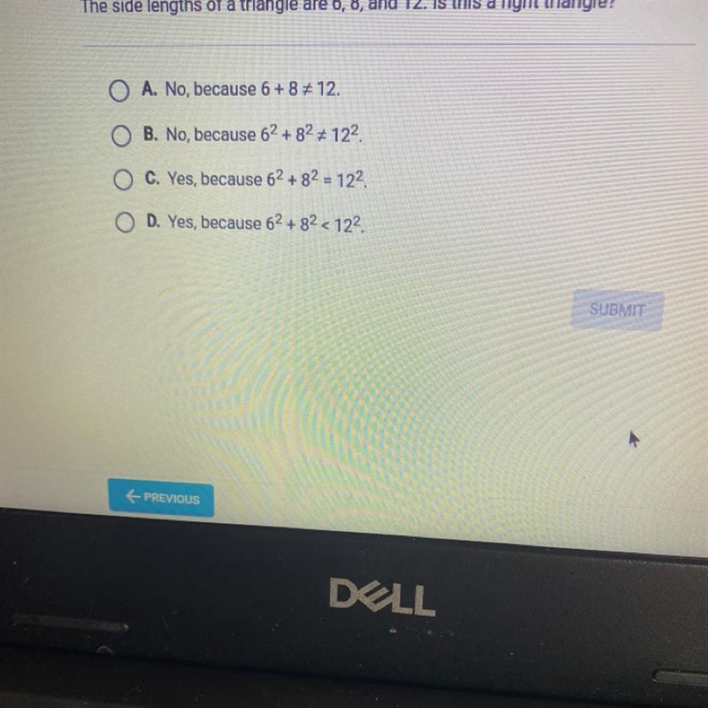 The side lengths of a triangle are 6, 8, and 12. Is this a right triangle?-example-1