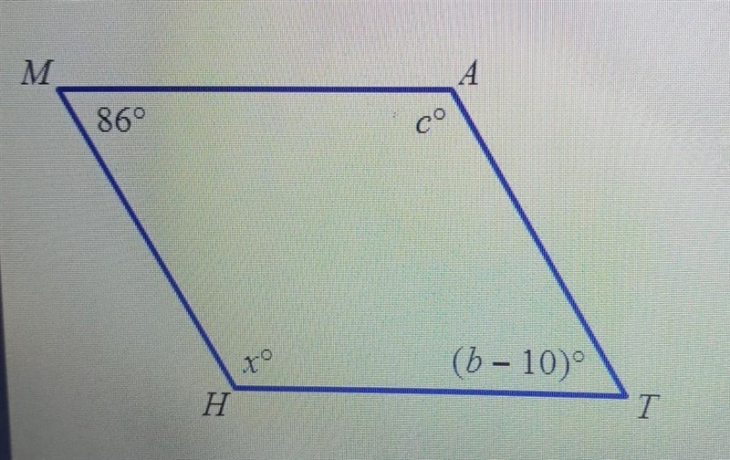 Given that MATH is a parallelogram, solve for c. A. 74 B. 84 C. 94 D. 104​-example-1