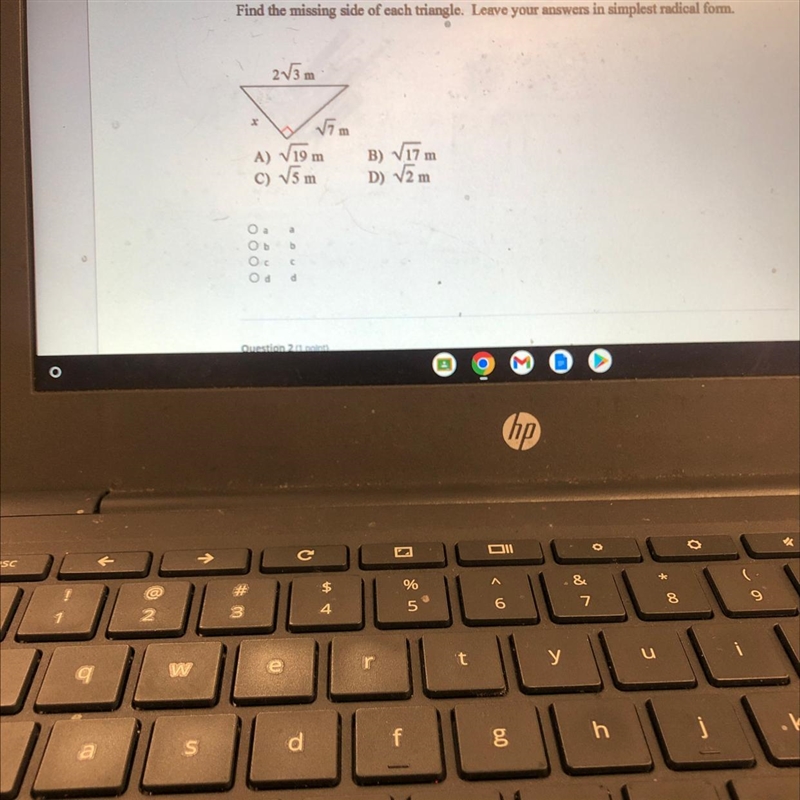 Find the missing side of each triangle. Leave your answers in simplest radical form-example-1