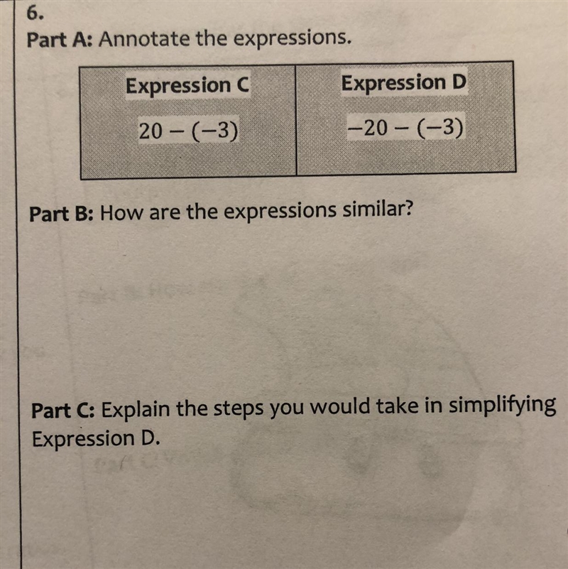 6. Part A: Annotate the expressions. Expression C 20-(-3) Expression D -20-(-3) Part-example-1