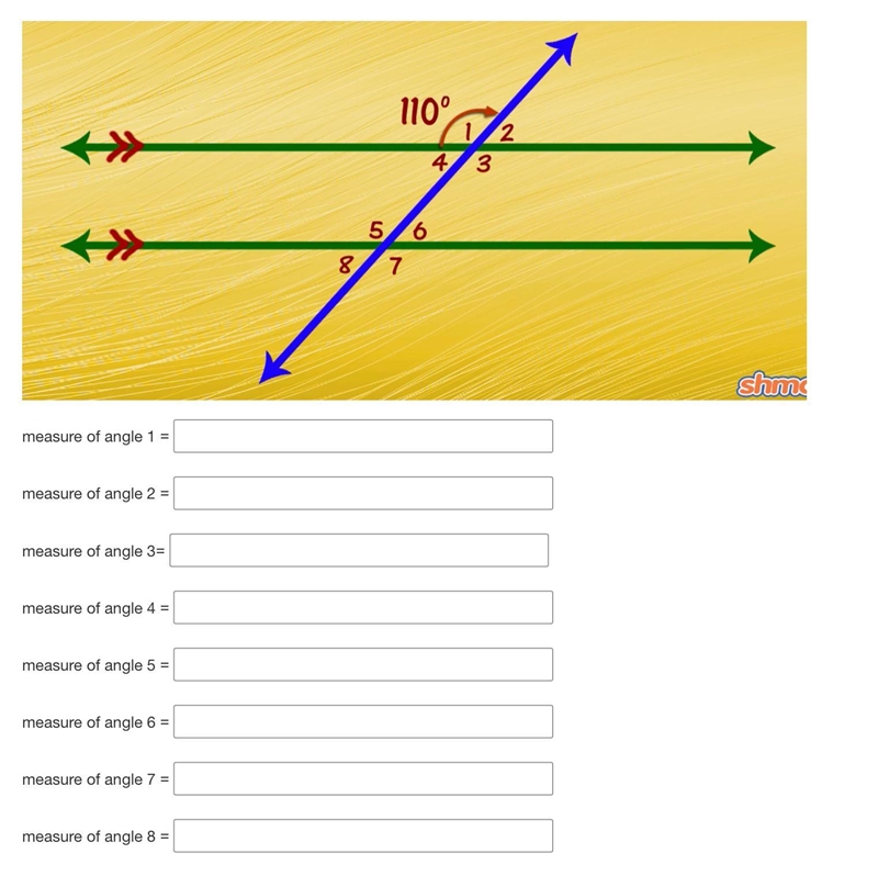 Fill in the blanks with the correct angle measure. For example: Measure of angle 1 = 110 degrees-example-1