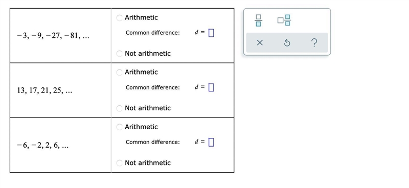 For each sequence, determine whether it appears to be arithmetic. If it does, find-example-1